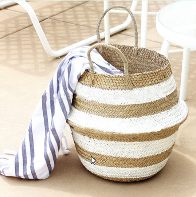 Belly Basket White Striped Natural Seagrass