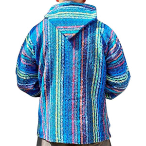 Back view of blue coloured stripe mexican baja hoodie