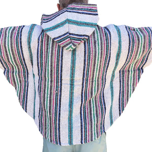 Back view of white stripe short sleeve baja hoodie or surf cape