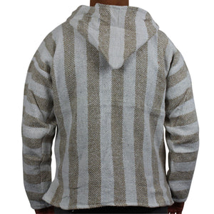 Back view of the beige and white stripe baja hoodie