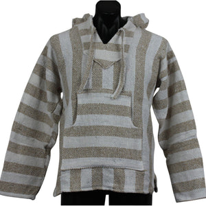 Front view of the beige and white stripe baja hoodie