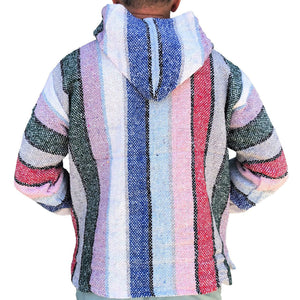 Back view of the pink baja hoodie with red, blue, mauve purple stripes