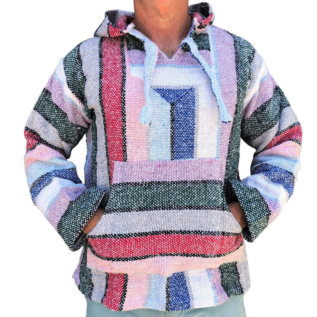 Front of pink baja hoodie with red, blue and mauve stripes