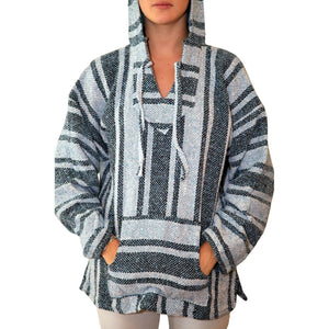 front view of a woman wearing the sky blue baja hoodie