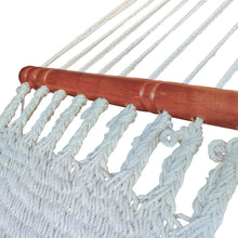 Detail view of the spreader bars on the Cabarita white hammock with spreader bars