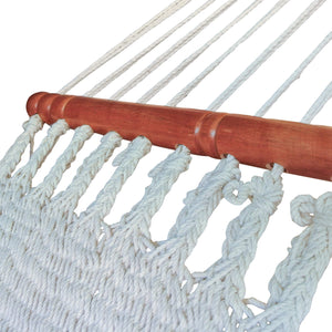 Detail view of the spreader bars on the Cabarita white hammock with spreader bars