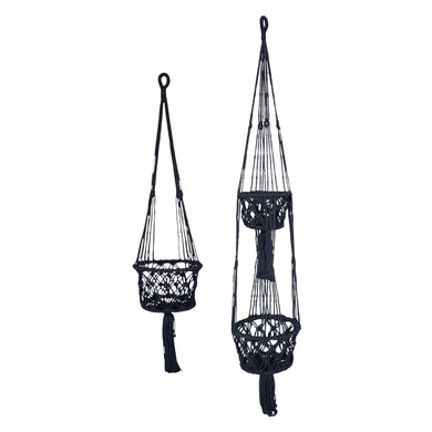 Black macrame plant holders in single and double size