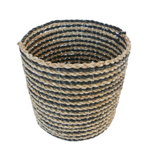 Front view of black plant basket large size with a natural with black striped woven pattern