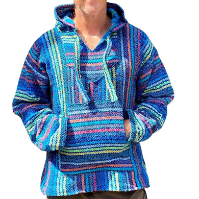 Front view of blue coloured stripe baja hoodie