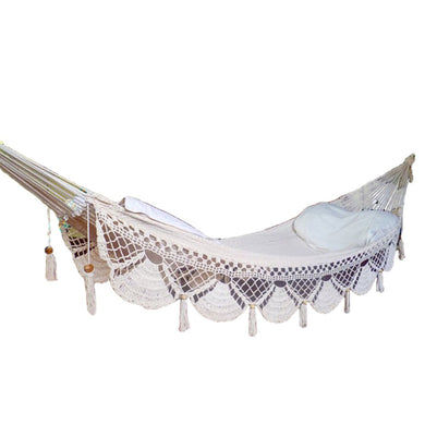 Bondi white hammock with fringe front view