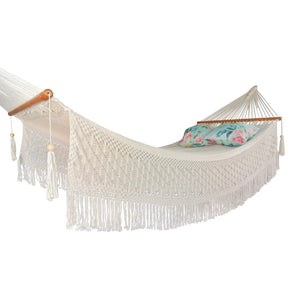 Luxury boho macrame hammock styled with cushions