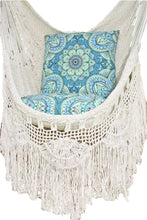 Detail view of the crochet fringe on the Byron white hanging chair