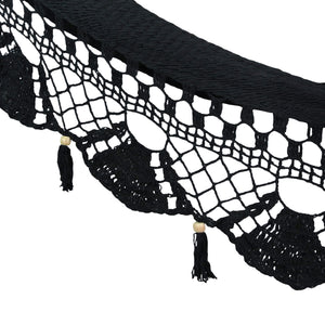 Detail view of the crochet fringe on the bondi black hammock with fringe