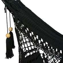 Detail view of the end of the bondi black hammock with tassels