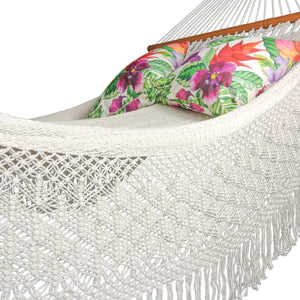 Detail view of crochet fringe on hammock macrame