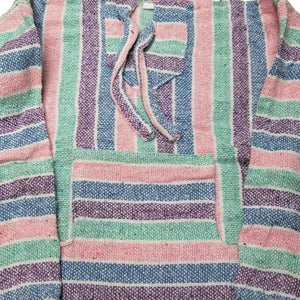 Detail view of the pastel kids baja hoodie with pink, aqua, purple and blue stripe.