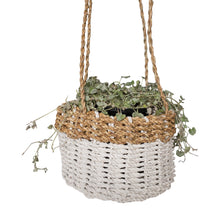 Detail view natural white pandanus hanging basket holding a plant