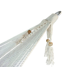 Crocheted ends of the Cabarita white hammock with spreader bars excluding the single size