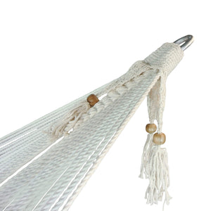 Crocheted ends of the Cabarita white hammock with spreader bars excluding the single size