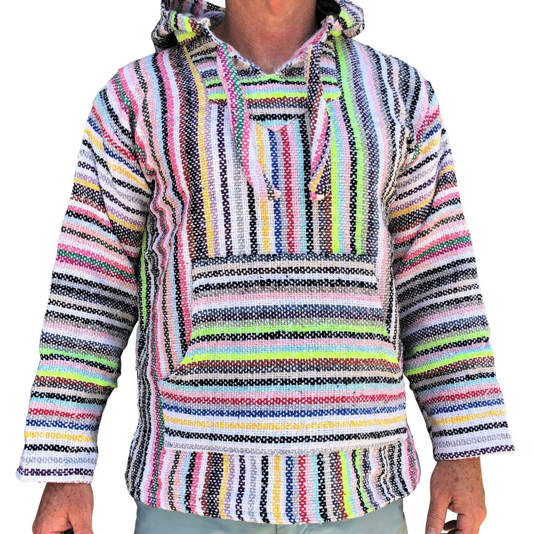 Front view of flouro stripe baja hoodie