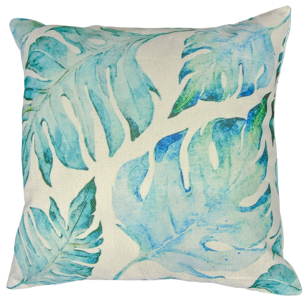 Front of the aqua palm print outdoor cushion covers