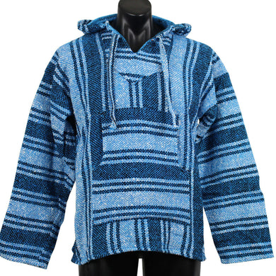 Front view of the blue baja hoodie