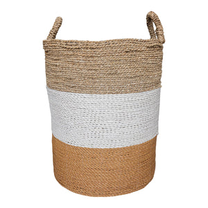 Front view of the large brown white mix tall baskets storage