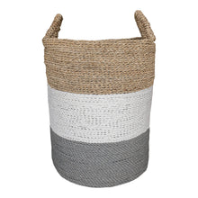 Front view of the large grey white mix tall baskets storage