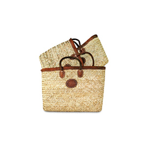 Front view of three sizes of rustic rectangle basket for shopping with leather trim.  