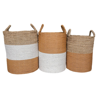 Front view of the set of three brown white mix tall baskets storage