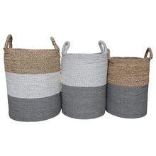 Front view of set of three grey white mix tall baskets for storage