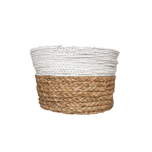 Front of the small side white and natural round wide basket