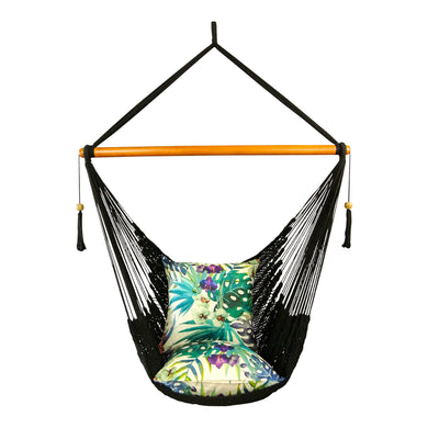 Front view of black hammock chair styled with cushions.