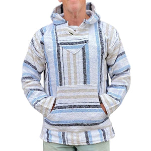 Front of the white and blue stripe baja hoodie