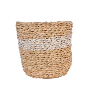 Front view of the white seagrass planter basket with lining