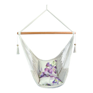 Front view of Manyana white hammock chair with Iluka Beach outdoor cushions