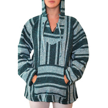 Front view of the blue baja hoodie on womens model