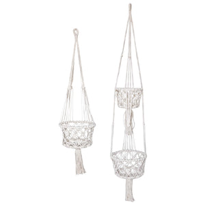 Full view of white macrame plant hangers in single and double size