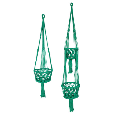 Green macrame plant holders in single and double size