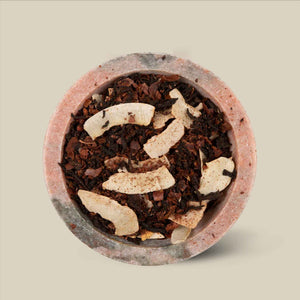 Detail view of chocolate coconut loose leaf chai tea