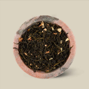 Detail view of jasmine loose leaf green tea leaves