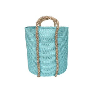 All aqua large planter basket in medium size side view with handles