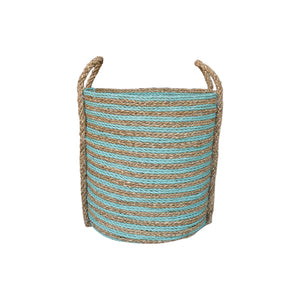 Front view of the aqua large basket with striped weave pattern