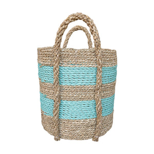 Aqua large storage basket in small size side view with handles and stripe woven pattern