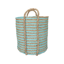 Side view of the aqua large planter basket with striped weave pattern and handles