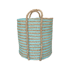 Side view of the aqua large planter basket with striped weave pattern and handles