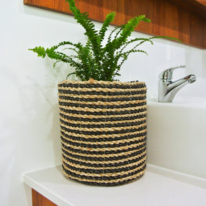 Large size mixed small black basket styled on a bathrom vanity with a small fern plant 