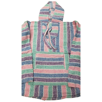 Front view of the pastel kids baja hoodie with with pink, aqua,purple and blue stripe.