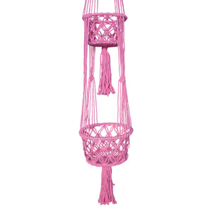 Double pink macrame plant hangers closeup view of the double size