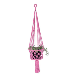 Pink macrame plant hangers single size styled with silver falls hanging plant